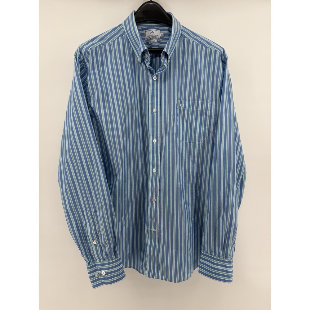Southern Tide Mens XL Trim Fit Striped Button Down Shirt Blue Teal Long Sleeve - Picture 2 of 3